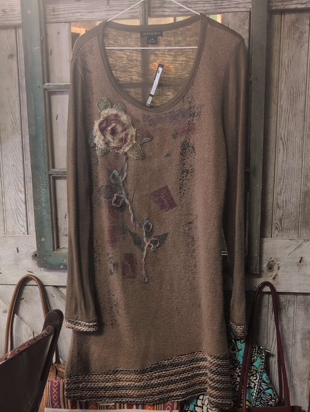 Papermoon Olive Brown Floral Applique Long Sleeve Tunic